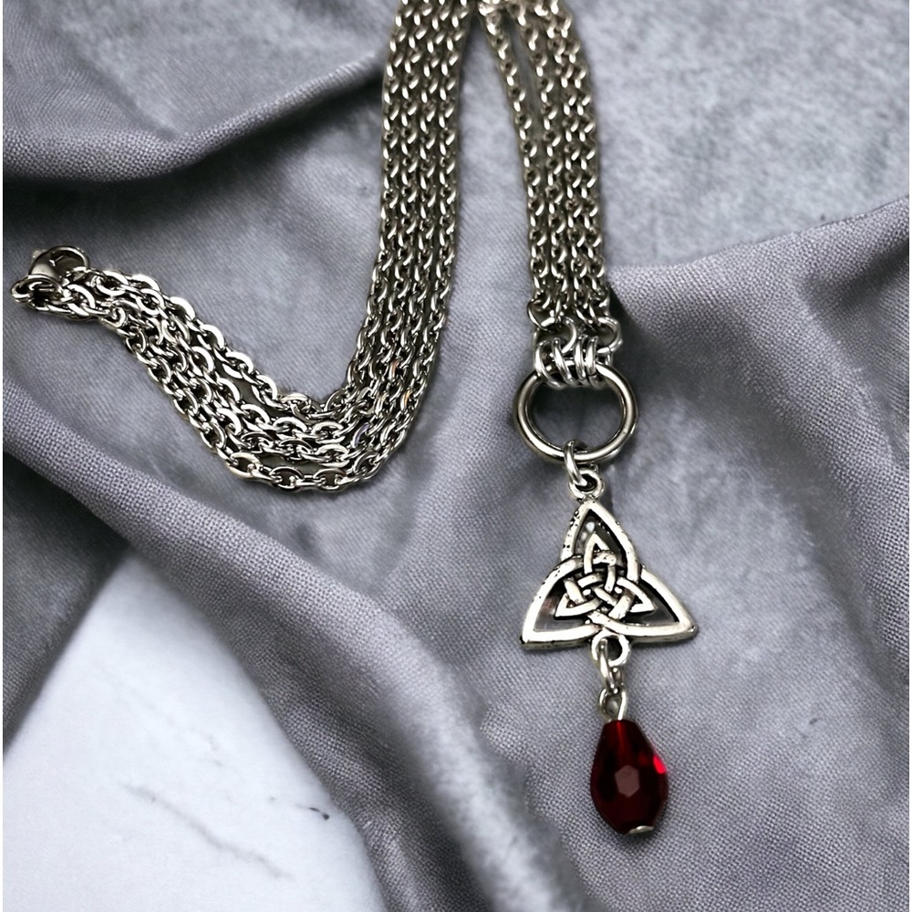 Double chain necklace triangle celtic knot trisquel & dangly red crystal